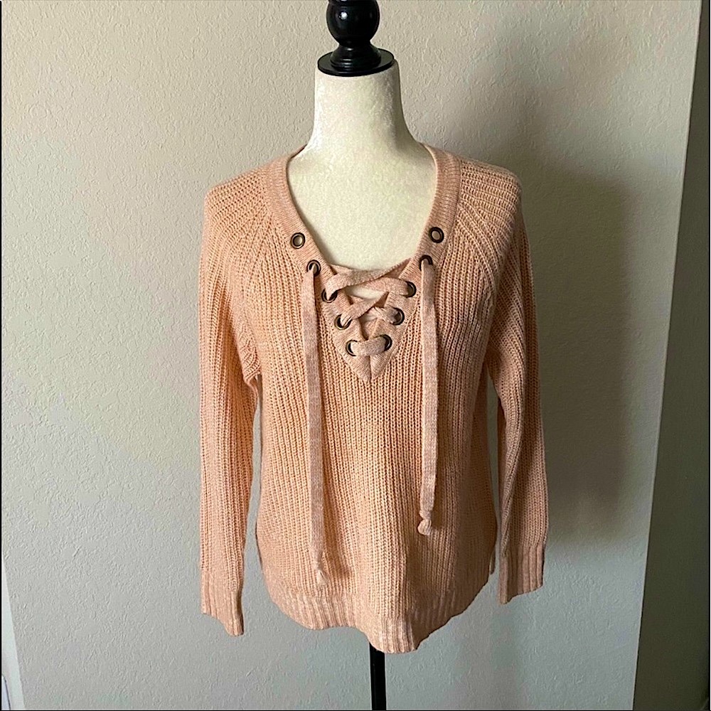 3/$20 Plus Size Light Pink Sweater with Front Lace Up